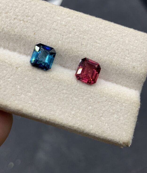 Natural Tourmaline Reverse Pair 2.45 Ct | Teal Blue & Pink Red | Emerald Cut | Afghanistan | Eye Clean