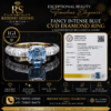 IGI-certified Fancy Intense Blue CVD diamond ring by Riddhi Siddhi Diamond featuring a 3.60-carat blue center stone, white side diamonds, luxury gold setting, certification card, and worldwide shipping.