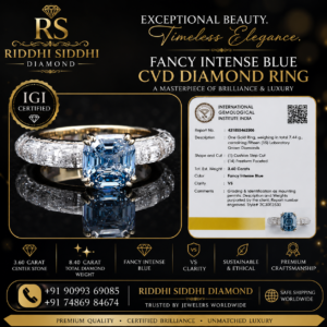 IGI-certified Fancy Intense Blue CVD diamond ring by Riddhi Siddhi Diamond featuring a 3.60-carat blue center stone, white side diamonds, luxury gold setting, certification card, and worldwide shipping.